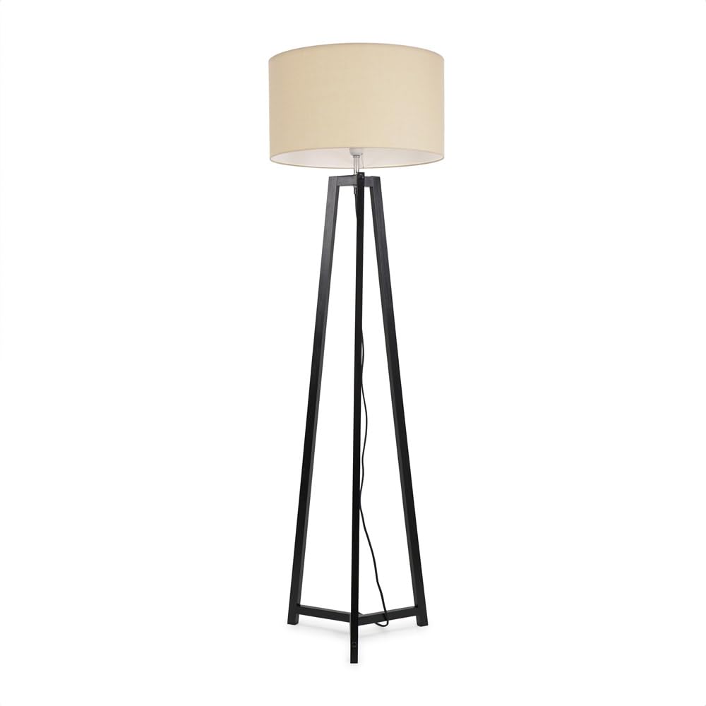 Valuelights Natural Lottie Black Wood Tripod Floor Lamp With Fabric Drum Shade & Led Bulb In