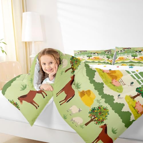 Image of Feelyou Kids Cartoon Farm Animals Comforter Set Girls Boys Cute Pig Cow All Season Down Comforter Kawaii Horse Chicken Duck Bedding Set Room Decor Funny Farm Nursery Quilt King Size 3Pcs Boys