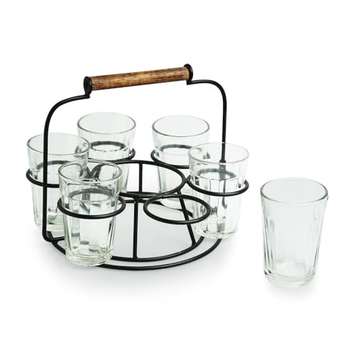 Image of ExclusiveLane 'Rail Express' Tea Glasses Set of 6 with Iron Holder (6 Glasses) | Chai Glasses with Stand Chai Cups Cutting Chai Glasses Tea Glasses with Handle Tea Cups Set of 6 Drinkware