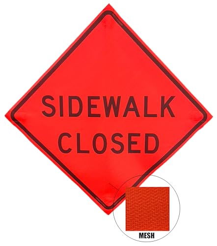 Image of OrangeGear 36 inchx36 inch Sidewalk Closed Mesh Sign & Steel Spring Stand | MUTCD TTC compliant orange mesh roll-up sign kit with fiberglass cross ribs and single-spring steel stand.