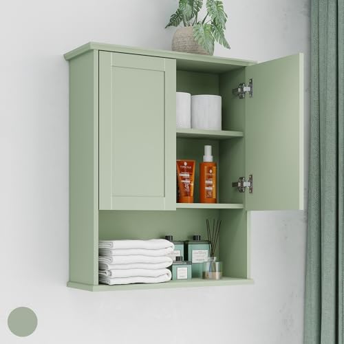 VIMYFAMY Bathroom Cabinet Wall Mount Buffering Hinge,23"x29" inch Over Toilet Storage Cabinet and Adjustable Shelves, Large Space Wooden Medicine Cabinet (Light Green)