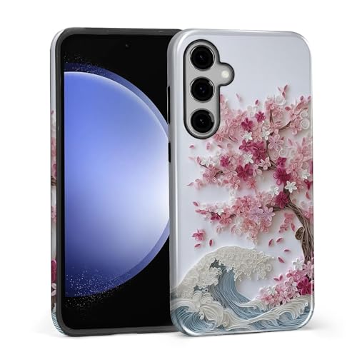 Compatible with Samsung Galaxy S23 FE Case - Dual-Layer Protection, Hard Shell with Silicone Interior,Slim Scratch Resistant Shockproof for Woman Men- Blossoming Sakura Wave