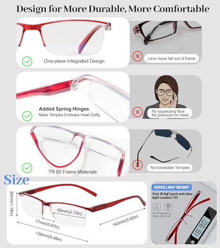 Image of 4 Packs Red Reading Glasses 1.0 for Women Multipack Blue Light Blocking Semi-rim Readers 1.00 1.50 2.00 2.50 3.00 3.50 4.00