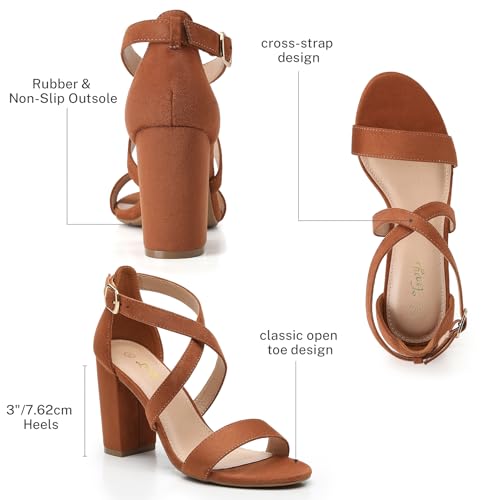 Image of Trary Women's Block Chunky Heel Sandals for Women Open Toe Adjustable Cross Ankle Strap Dress Shoes Walking Wedding Evening Bridal Heels