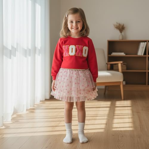 Springcmy Toddler Baby Girl Valentine's Day Outfits Letter Long Sleeve Crewneck Sweatshirt Pullover Tulle Dress Fall Winter Outfit (F Red, 1-2T) - Image 5