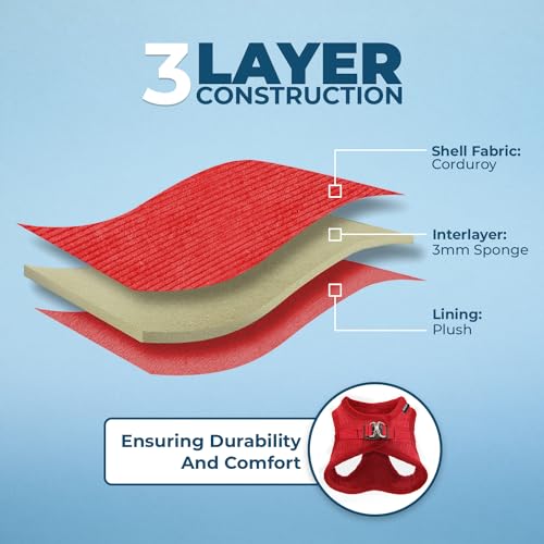 Image of Best Pet Supplies - All Weather Plush, Reflective, No Pull Harness for Small, Medium Dogs, Cats - Secure with Hook & Loop Fastener, Buckle, Double D-Rings - Red Corduroy, XS