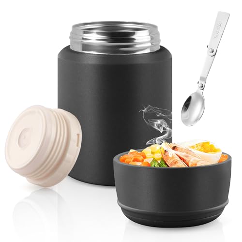 Acasimo Recipiente térmico para alimentos, 550 ml, acero inoxidable, recipiente para calentar alimentos con cuchara, taza de cereales para llevar, fiambrera térmica para congelador, lavavajillas