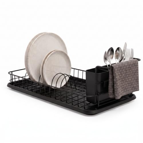 simplywire Escurreplatos y Bandeja de Goteo - Acero Revestido en Polvo | Soporte extraíble para cubiertos, barra para paños de cocina, resistente al óxido, diseño que ahorra espacio