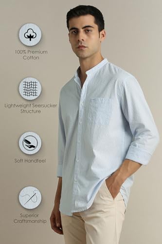Image of Peter England Men's Casual Mandarin Collar Slim fit Full Sleeve Shirt in 100% Cotton Seersucker with Striped Design