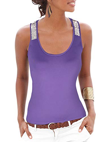Hiistandd Camiseta sin mangas para mujer, sin mangas, con lentejuelas, chaleco para playa, camiseta básica, sexy, morado, L
