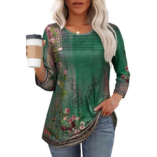 3/4 Length Sleeve Womens Tops Crewneck Casual Tunic Dressy Pleated Front Loose Fit T Shirts 2026
