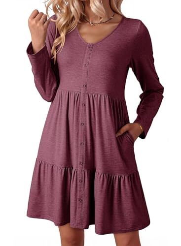 Dokotoo Womens Dresses 2025 V Neck Button Up Long Sleeve Empire Waist Ruffle Tiered Mini Dress with Pockets