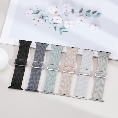 Image of 6 Pack Braided Stretchy Bands Compatible with Apple Watch Band 38mm 40mm 41mm 42mm 44mm 45mm 46mm 49mm Women Men, Adjustable Nylon Solo Loop Elastic Straps for iWatch Series 11 10 9 8 7 6 5 4 SE Ultra