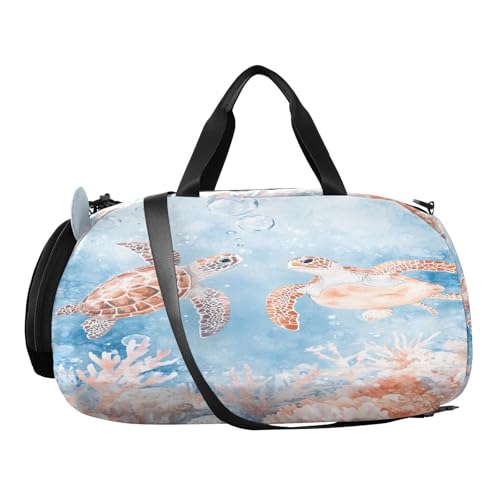 Turtle Coral Blue Kids Travel Duffel Bag for Boys Girls Overnight Weekend Tote Bag with Shoes Compartment for Dance Gym Sports2