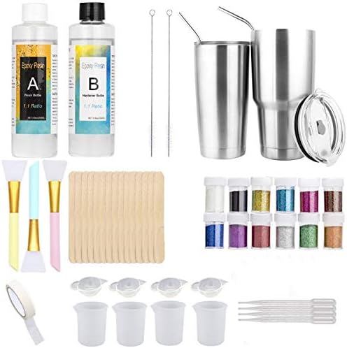 Epoxy Resin Tumblers Kit, Epoxy Adhesive Tumbler Supplies with Clear Cast Epoxy,Glitter Powder,Silicone Brushes,Mixing Cups,Pipettes,Sticks