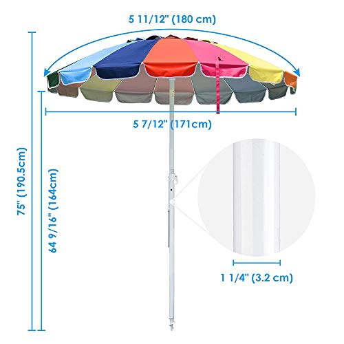 Yescom 6 Ft Metal Rainbow Beach Patio Umbrella 16 Rib Tilt Market Table Umbrella Outdoor Sunshade Cover Sand Anchor #TOP4