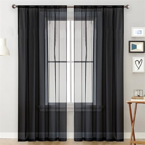 Surwin Translucidas Cortinas Salon Color Sólido Japonés, 2 Piezas Cortina, Cocina Dormitorio Cortinas y Moderno Visillos Visillos Cortos para Ventanas (Negro,140x260cm)
