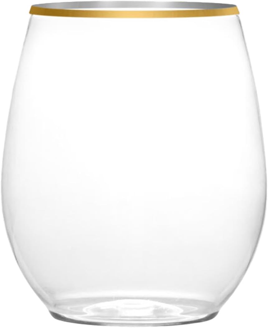 EcoQuality 12 oz Clear Plastic Stemless Wine Glasses with Gold Rim, Disposable Unbreakable Shatterproof Elegant and Reusable Wine Tumbler for Partys, Weddings, Ideal for Indoor or Outdoor Events (12)