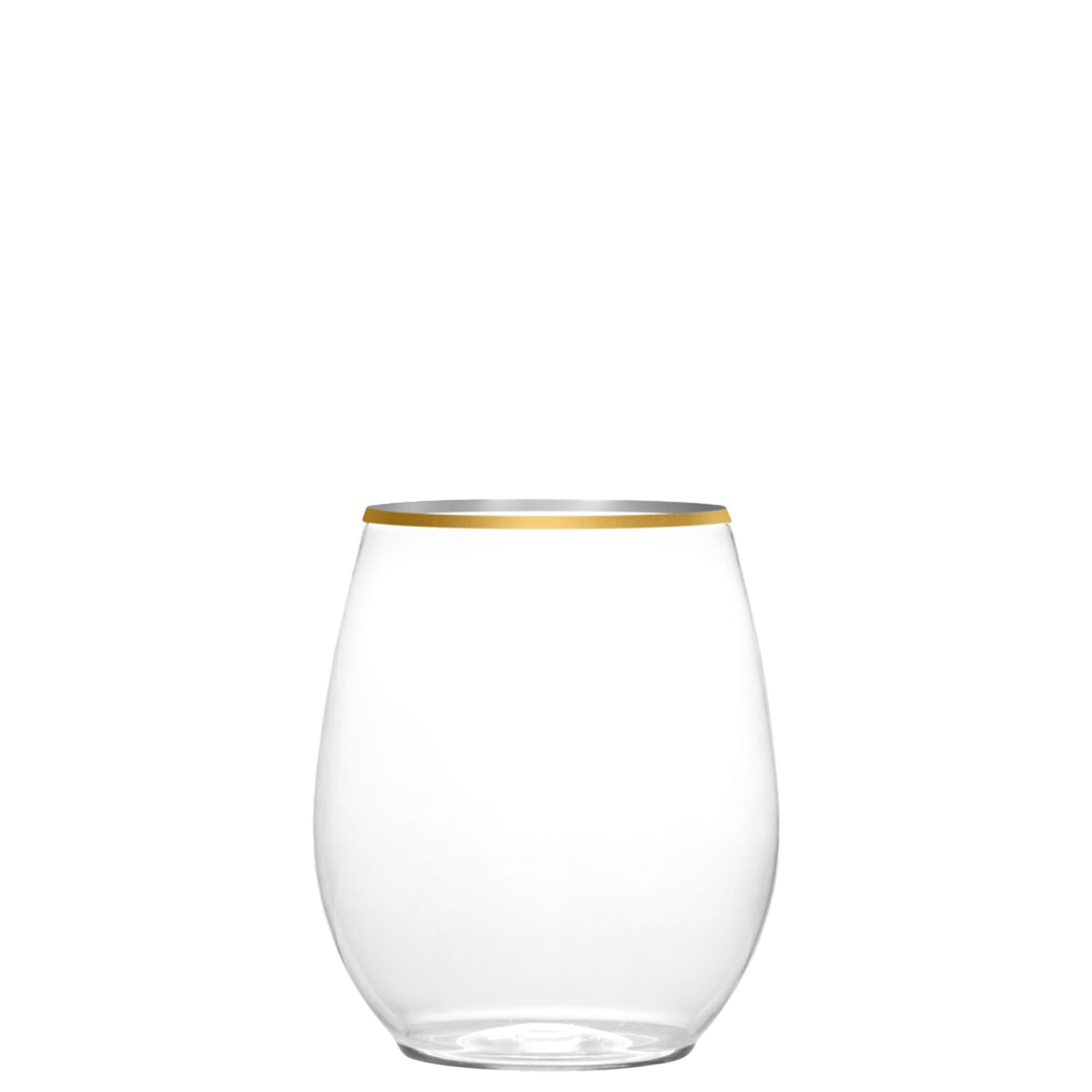EcoQuality 12 oz Clear Plastic Stemless Wine Glasses with Gold Rim, Disposable Unbreakable Shatterproof Elegant and Reusable Wine Tumbler for Partys, Weddings, Ideal for Indoor or Outdoor Events (12)