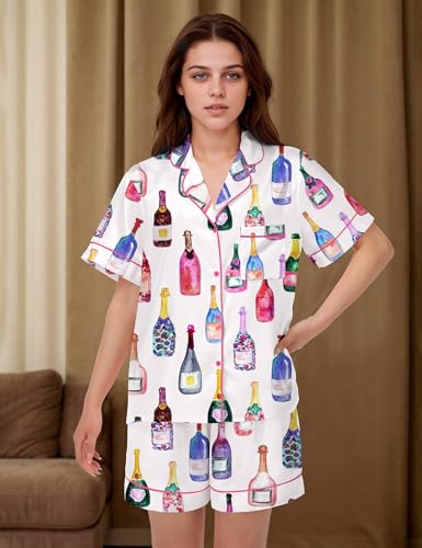Image of SHESHOW Satin Pajamas for Women Set Preppy Animals Pjs Short Sleeve Shorts 2 Piece Loungewear Sets XS-XXL