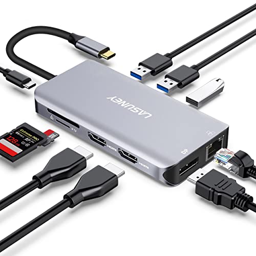 Lasuney Triple Display 10 in 1 USB Type C HUB with to 2 HDMI, Displayport, PD3.0, Ethernet, 3 USB Ports, SD/TF, Multiport Adapter Docking Station Dongle for Laptop by LASUNEY - Used condition - US$25.05