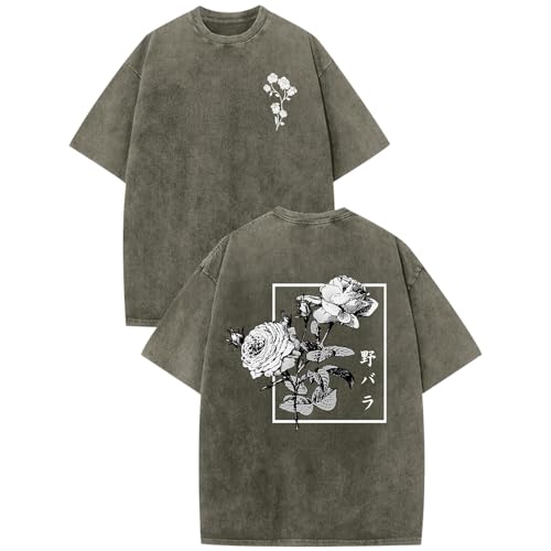 Hiehiety Japanese Graphic Tees for Men Harajuku Rose Flower Floral Shirts Cool Vintage Oversized Streetwear Acid Wash Tops (Army Green,XL)