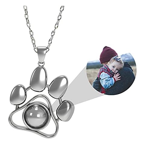 Personalised Photo Projection Necklace - Custom Pet Paw Memorial Necklace Pendant Gifts for Memory of Dog or Cat (Silver) Cover