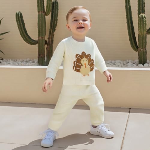 Fernvia Baby Boy Fall Clothes Toddler Thanksgiving Outfit Turkey Football Embroidered Waffle Knit Sweatshirts Pants Set3