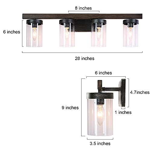 Image of Farmhouse Bathroom Light Fixtures, 4-Light Vanity Lighting Fixtures with Clear Glass Shade in Faux Wood & Black Silver Brushed Finish(28 inch in Length)