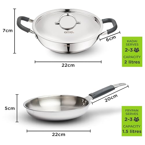 Image of Allo Stainless Steel Triply Cookware Set | Kadai with Lid (22 Cm /3 L)+ Fry Pan (22 Cm /1.5L) | Perfect Cooking Combo for Curry /Stir-Fry /Deep-Fry /DryVeg /SautA Induction Friendly Set of 3Pcs | Nonstick