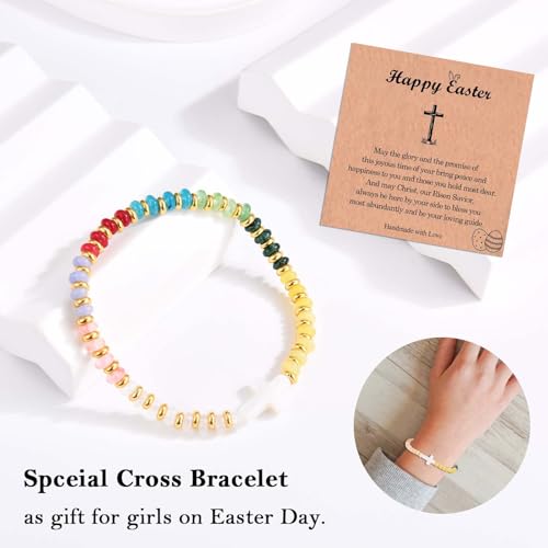 Image of Easter Basket Stuffers for Teens Boys Girls Kids, Colorful Cross Bracelet Easter Gifts Basket Fillers Egg Stuffer with Card for Daughter Granddaughter Niece Sistr
