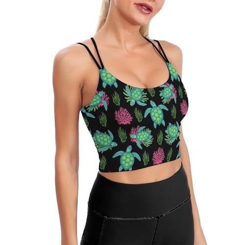 Casual Support Yoga Bra Watercolor Blue Sea Turle, Padded Gym Running Workout Tank, Wirefree Sports Top for Women & Girls