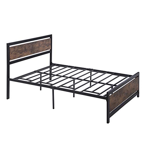 Full Bed Frame With Headboard, Metal And Wood Platform Bed, No Box Spring Needed, Easy To Assemble (Full Size, Black+Brown) #TOP7