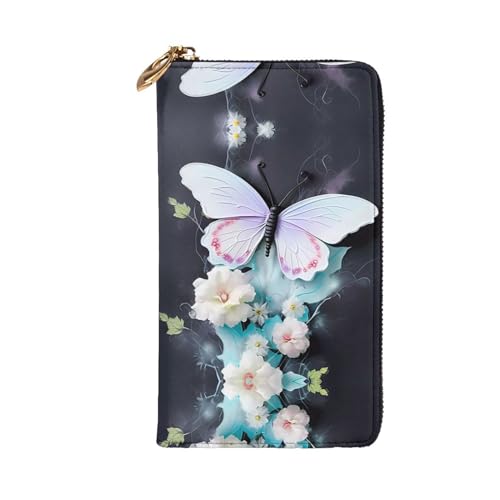 Leather Wallet 7.48 x 4.13 in - Stylish and Durable Wallet for Women with Multiple Compartments and Zipper Design White Butterfly Pattern2
