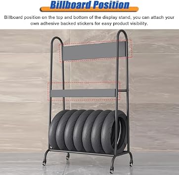 Tyre Rack, Mobile Motorcycle Tire Rack for Garage with Billboard, 2 Shelf Heavy Duty Iron Spare Tyre Bike Fat Tires Organizer Cart, for Warehouse/Shed/Retail Store (Color