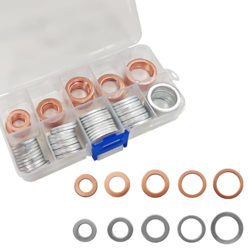 GGAA 100 PCS Oil Drain Plug Gasket Assortment, M10 M12 M14 M16 M18 Crush Washer Kit, Aluminum Copper Drain Plug Washers, Oil Plugs Sealing Rings, Engine Pan Gaskets, Universal for Cars Motorcycles