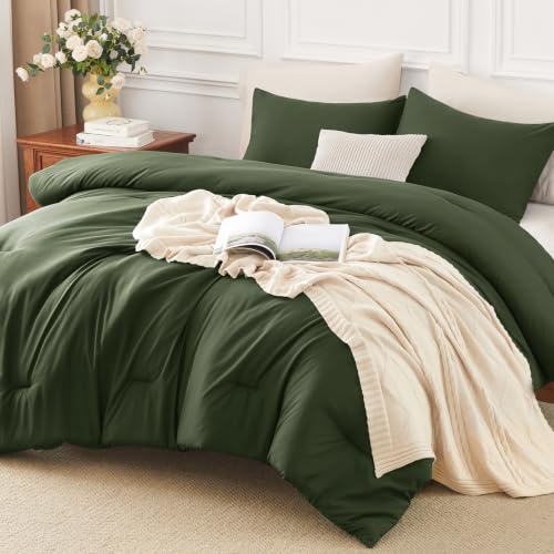 Image of HIMEET Full Size Comforter Sets, 3 Pieces with 2 Pillowcases, Olive Green | 270GSM Down Alternative Fill, Oeko-TEX Certified, 8 Corner Ties Quilted, All Season, Fluffy Bed Set, Bedroom Decor Bedding
