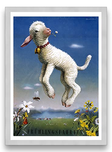 Fruhlingsfahrten Spring Trips In Switzerland Spring Lamb Reproduction Vintage Print Magnetic Notice Board In Silver Frame - 35 x 47 cms (14 x 18.5 Inches)