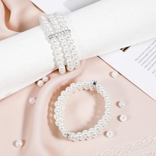 Pearl Cuff Bracelet 2pcs 1920s Imitation Pearl Bracelet Multi-Layered Elastic Bangle 3 Rows Faux Pearls Accent White Stretch Wrist Vintage Bracelets For Women Bridal Wedding Jewelry3