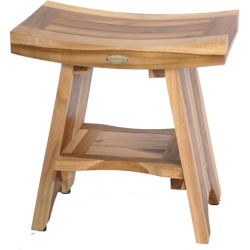EcoDecors 18 Inch Serenity 300 Pound Capacity Waterproof Teak Wood Shower Bench Stool Seat Chair For Inside Shower Storage Shelf Provides Safety, and Storage, For Bathroom Accessories Natural Color