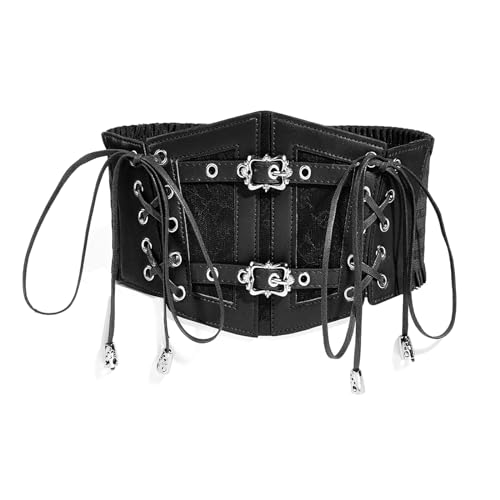 Vintage Faux Leather Corset Belt Sides Lace-up Medieval Renaissance Underbust Wide Elastic Waist Belts for Women