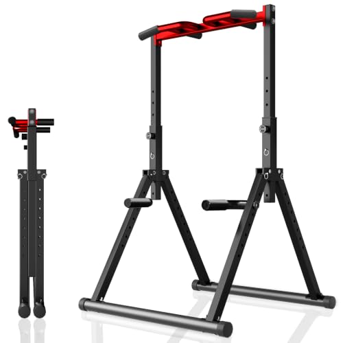 Image of WATBKHE Power Tower Pull Up Dip Station Foldable, Pull Up Bar Station Adjustable, Multi-Function Home Gym, Strength Training Fitness Equipment, Triangular Design, for Home Outdoor