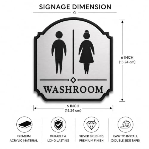 Image of Premium Unisex Washroom Door Sign | Brushed Silver & Black Acrylic Self-Adhesive Restroom Signage | Elegant Bathroom Door Sign for Hotel, Office, Restaurant, Cafe, Hospital, Mall & Commercial Spaces