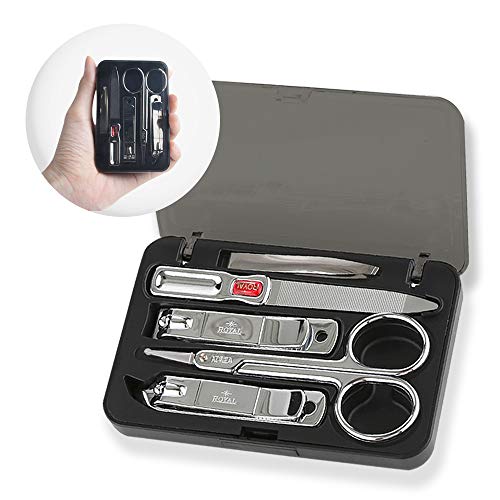 Made In Korea Royal 5 Pcs Compact Nail Clippers Set-Nail Clipper, Cuticle Remover, Nail File, Mini Tweezer, Safety Scissors With Portable Case #TOP25