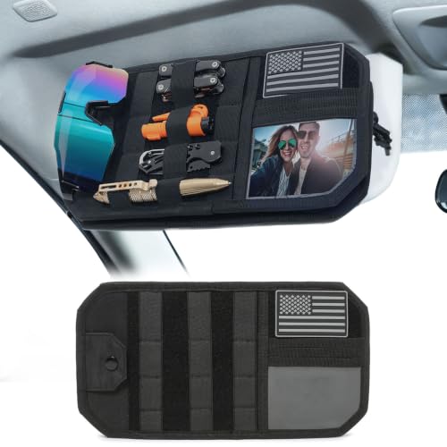 MOLLE Car Sun Visor Organizer Semi-Rigid No-Sag Panel with Zipper Pouch Glasses Clip & ID Slot Tactical Visor Storage for Trucks SUVs Cars