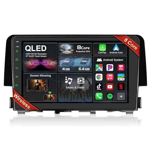 【8 core 4GB+64GB】 Car Stereo for Honda Civic 2016 2017 2018 2019 2020 2021, 9 Inch Touch Screen Wireless Carplay Andriod Auto, 5G Wi-Fi Bluetooth GPS SWC DSP FM