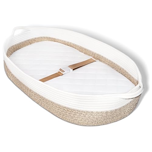 Image of JVEOO Baby Changing Basket with Diaper Changing Pad, Breathable & Waterproof Dual-Cover Foldable Portable Travel Cotton Rope Baby Changing Mat for Dresser & Table Gift for Baby Shower