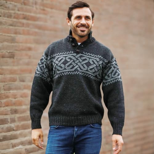 Irish Wool Sweater for Men, Celtic Knot, Button Collar, Made in Ireland4