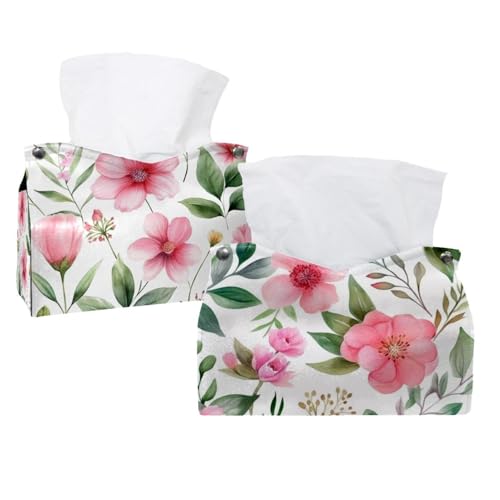 Paquete de 2 fundas de cuero para caja de pañuelos, flores rosas con hojas, soporte decorativo para baño, decoración de oficina en casa
