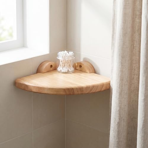 Estante de esquina de madera VANZACK beige triangular para organizar el baño 8